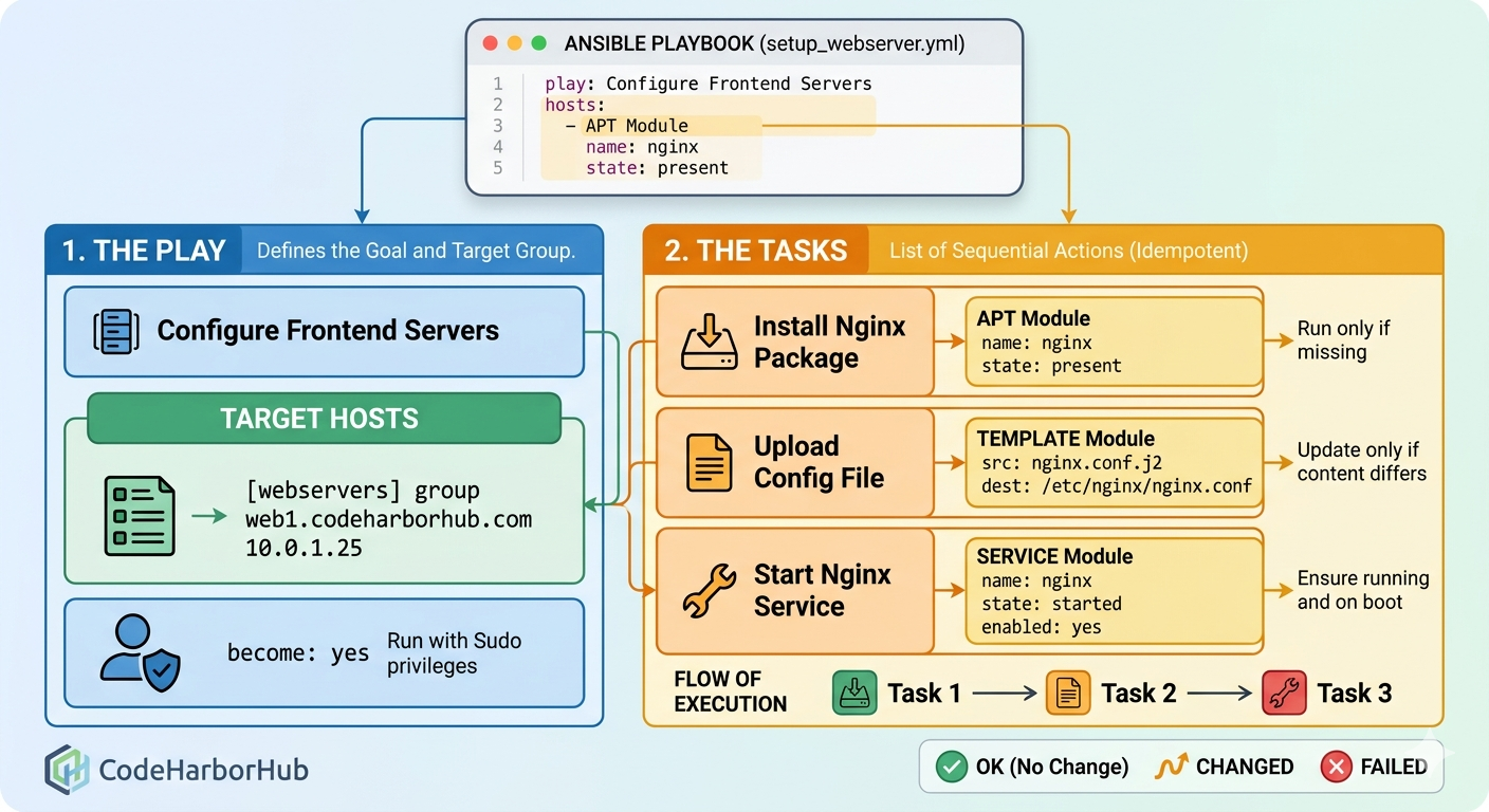 Image showing the mapping of Play, Hosts, and Tasks in a YAML structure