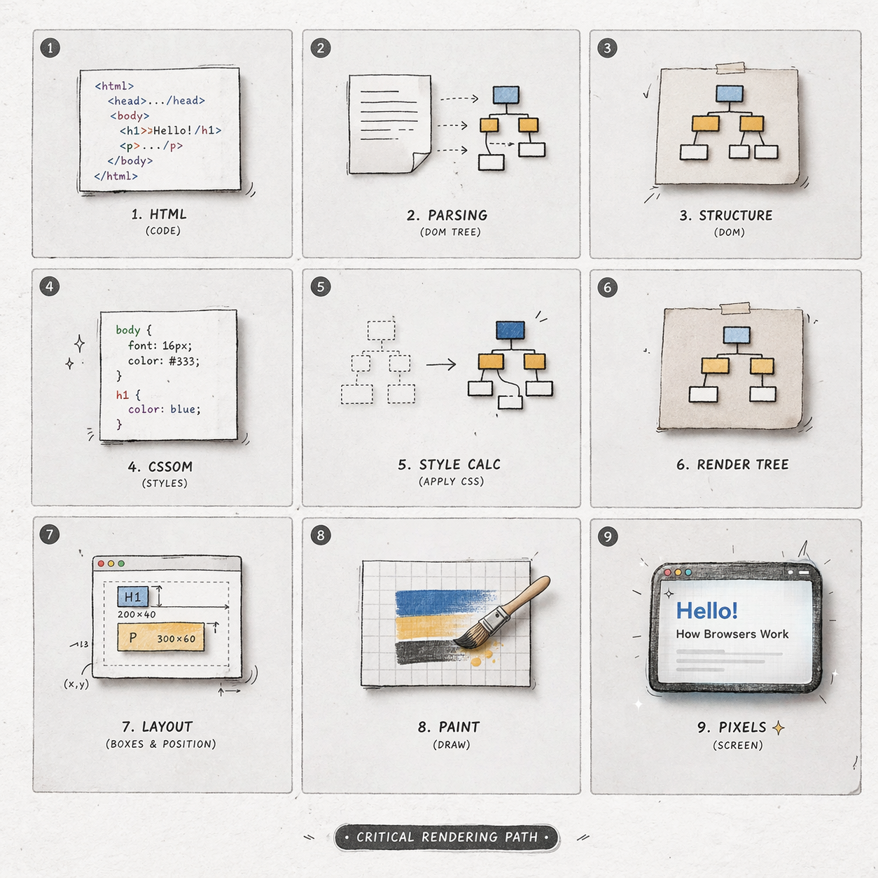Visualization of the Critical Rendering Path process, showing code turning into structure, then style, then pixels
