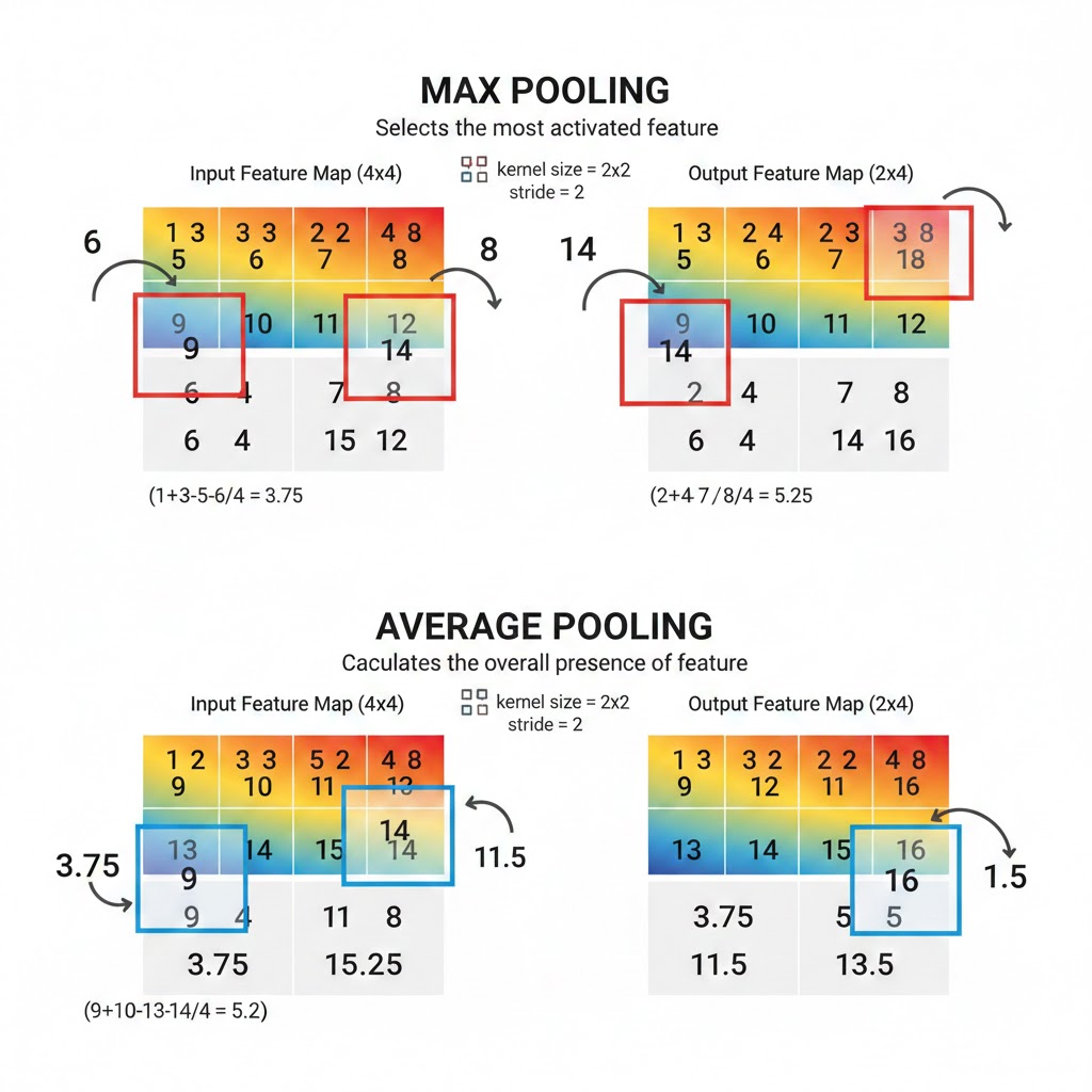 Comparison of Max Pooling vs Average Pooling on a feature map