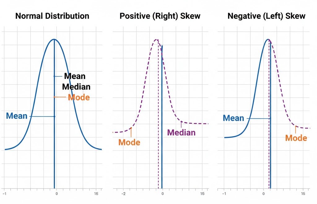 Mean, Median, and Mode in normal and skewed distributions