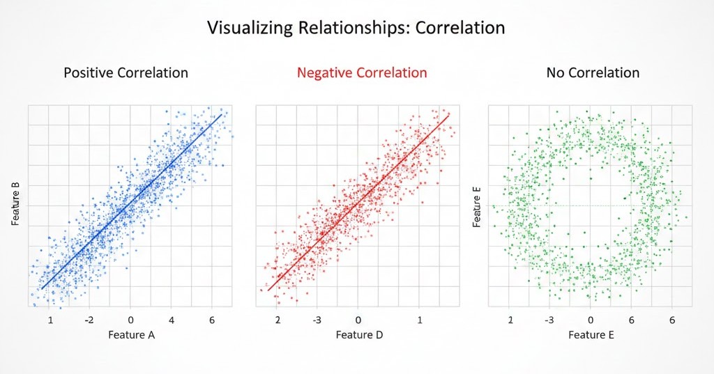 Scatter plots showing positive correlation, negative correlation, and no correlation